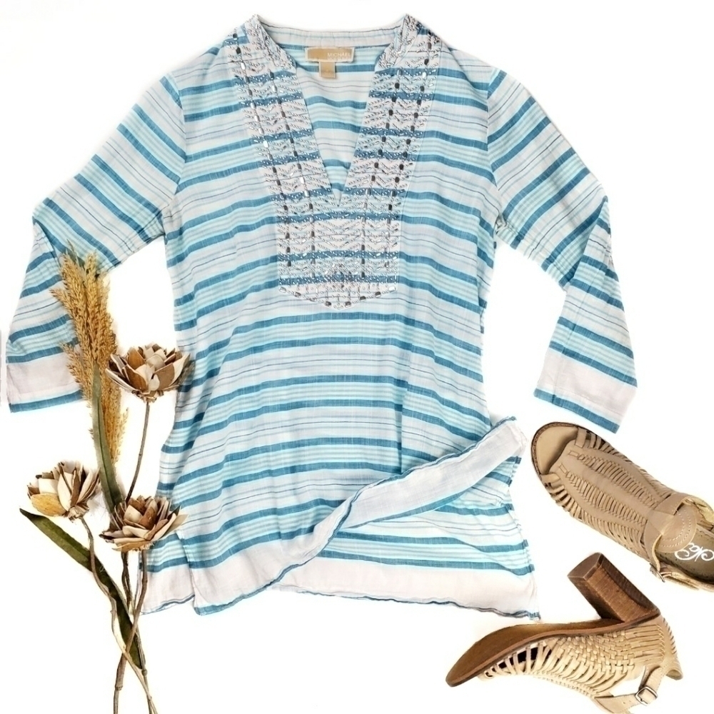 Michael Kors Blue White Stripe Silver Top Small - Picture 8 of 9